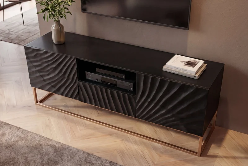 Buffet TV massif SCORPION 160cm en bois de manguier noir avec sculptures 3D élaborées