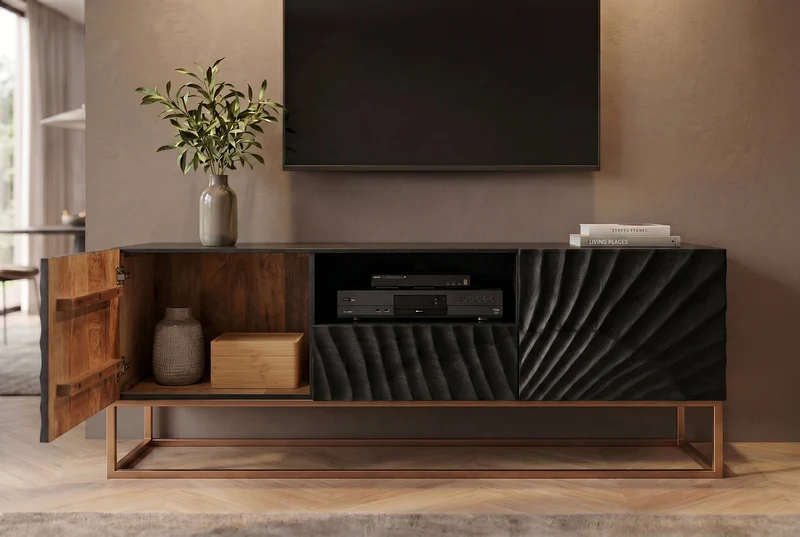 Buffet TV massif SCORPION 160cm en bois de manguier noir avec sculptures 3D élaborées