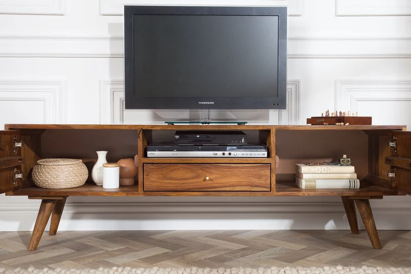 Meuble TV massif MYSTIC LIVING 140cm bois massif Sheesham marron finition pierre façade 3D