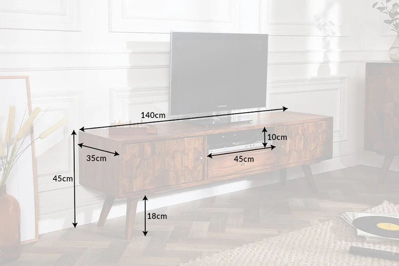 Meuble TV massif MYSTIC LIVING 140cm bois massif Sheesham marron finition pierre façade 3D