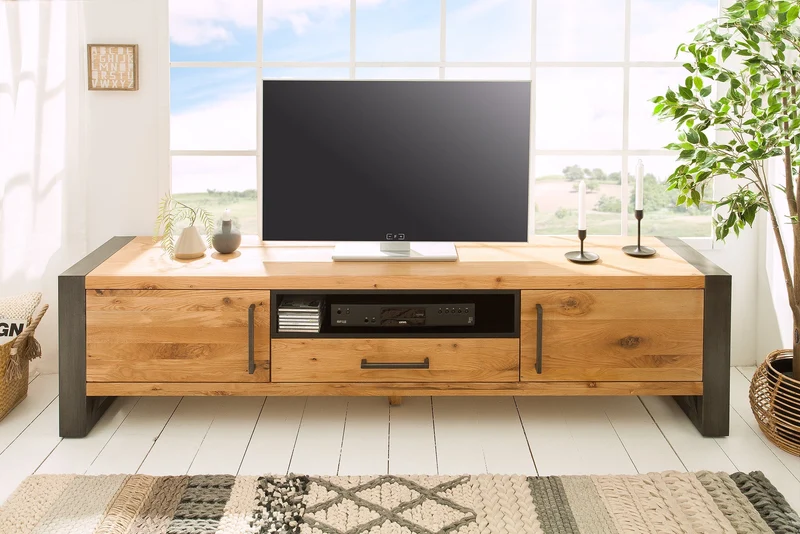 Meuble TV massif THOR 200 cm en chêne sauvage huilé au design industriel