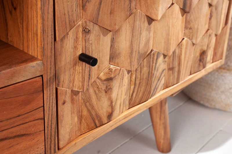Meuble TV massif MYSTIC LIVING 140cm acacia naturel surface 3D bois massif