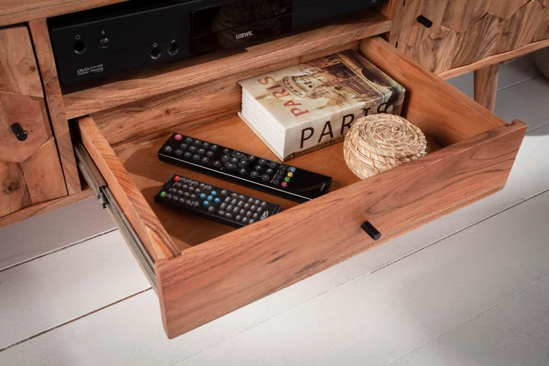 Meuble TV massif MYSTIC LIVING 140cm acacia naturel surface 3D bois massif