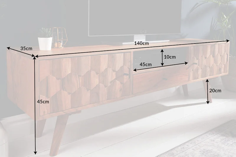 Meuble TV massif MYSTIC LIVING 140cm acacia naturel surface 3D bois massif