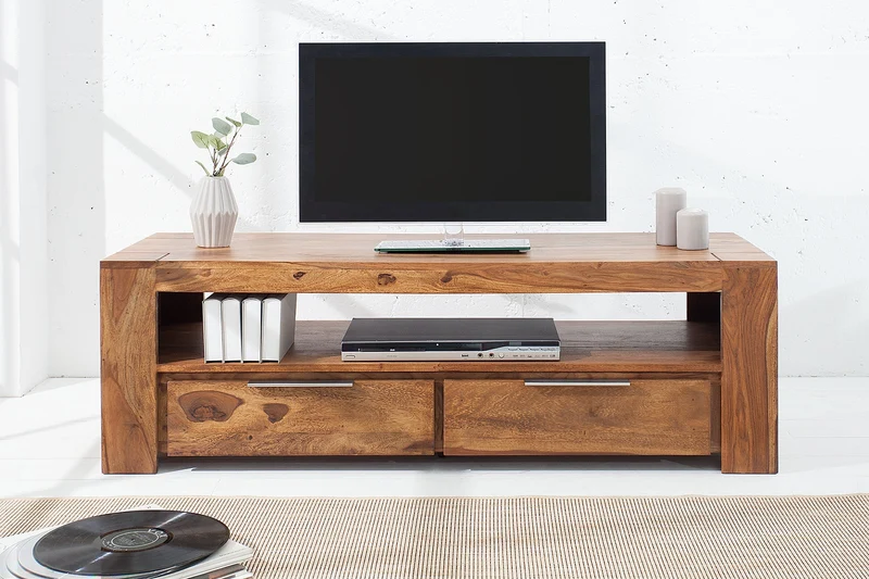 Meuble TV massif MAKASSAR 130cm marron finition pierre Sheesham lowboard deux tiroirs