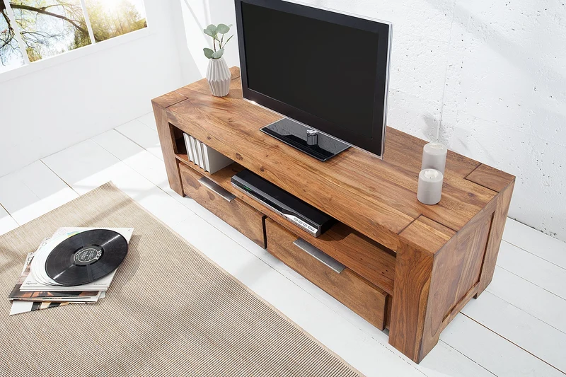 Meuble TV massif MAKASSAR 130cm marron finition pierre Sheesham lowboard deux tiroirs