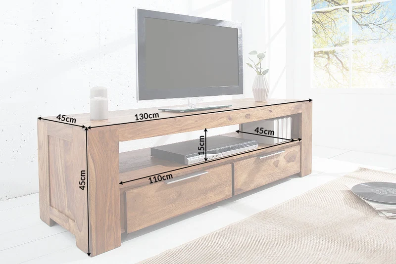 Meuble TV massif MAKASSAR 130cm marron finition pierre Sheesham lowboard deux tiroirs