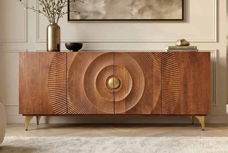 Buffet artisanal GOLDEN SUNSET 180cm marron avec sculptures 3D pieds en métal bois de manguier doré