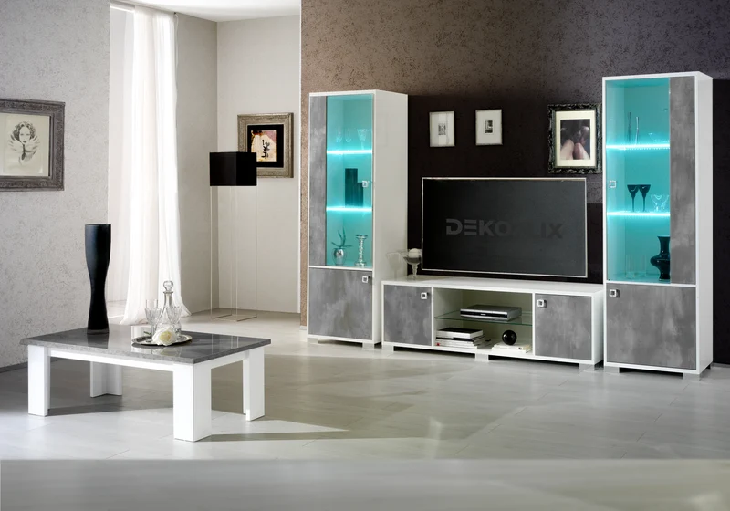 Ensemble mur TV laqué effet béton gris - SARAH