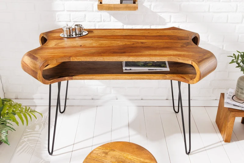 Bureau en bois massif ORGANIC LIVING 120cm finition pierre de Sheesham marron avec rangements