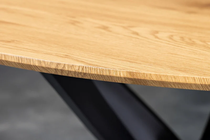 Table à manger ronde HELIX 120cm chêne sauvage naturel pieds métal noir structure étoile