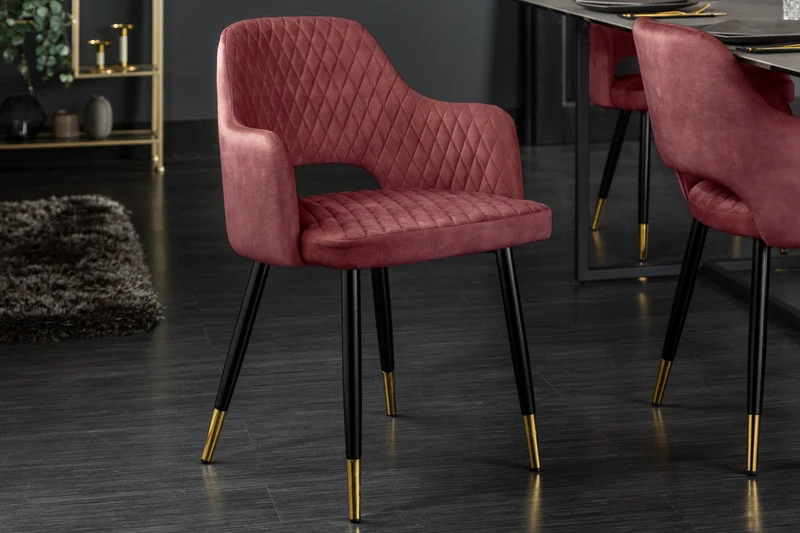 Lot de 2x chaises élégante PARIS en velours rouge, surpiqûres décoratives, embouts dorés, design rétro, avec accoudoirs
