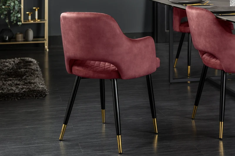 Lot de 2x chaises élégante PARIS en velours rouge, surpiqûres décoratives, embouts dorés, design rétro, avec accoudoirs