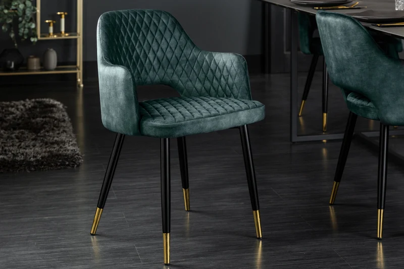 Lot de 2x chaises élégante PARIS en velours pétrole, surpiqûres décoratives, embouts dorés, design rétro, avec accoudoirs