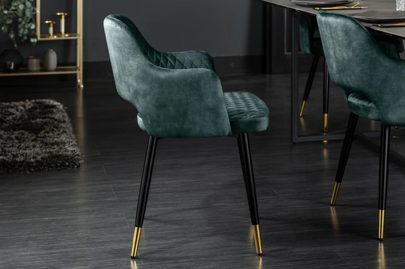 Lot de 2x chaises élégante PARIS en velours pétrole, surpiqûres décoratives, embouts dorés, design rétro, avec accoudoirs
