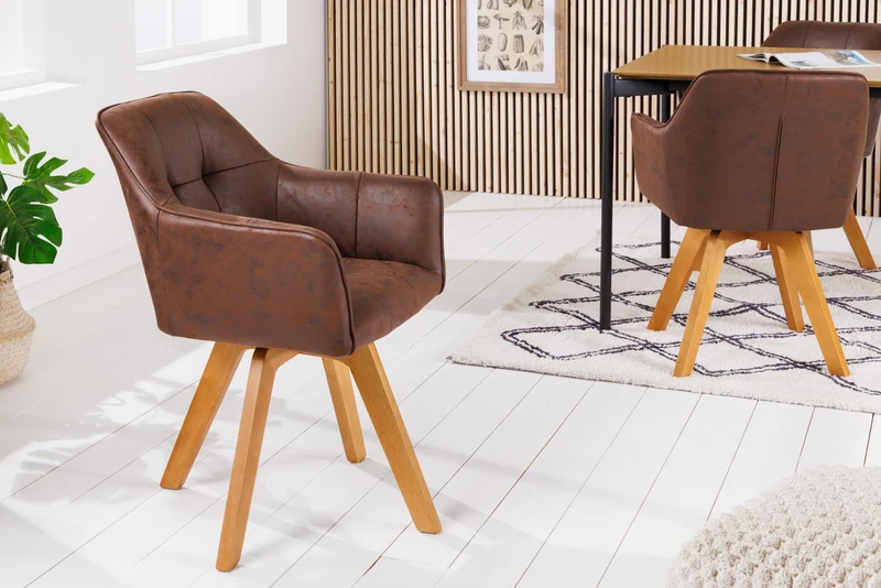 Lot de 2x chaises design LOFT pivotante en microfibre marron antique en hêtre massif avec accoudoirs