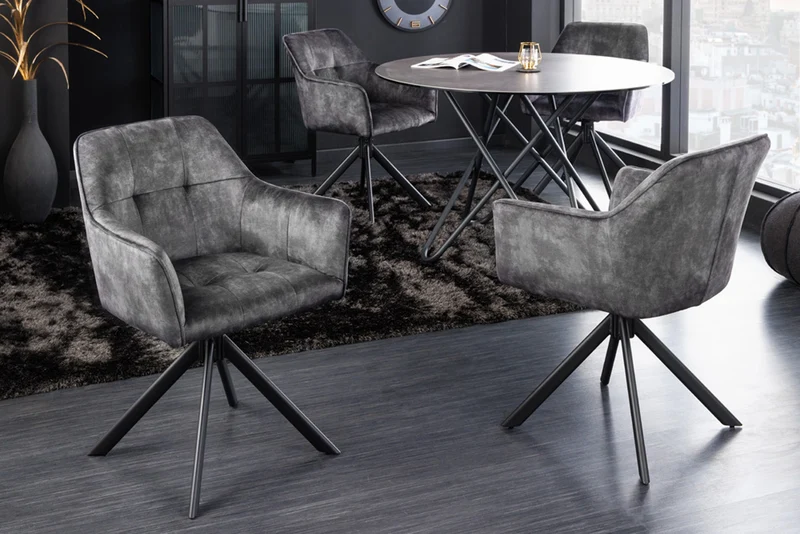 Lot de 2x chaises design LOFT en velours gris foncé pivotante structure métal noir avec accoudoirs