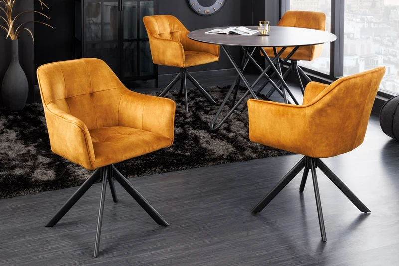 Lot de 2x chaises design LOFT en velours jaune moutarde pivotante structure métal noir avec accoudoirs