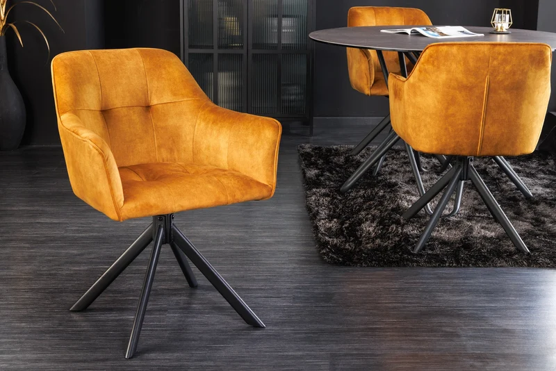 Lot de 2x chaises design LOFT en velours jaune moutarde pivotante structure métal noir avec accoudoirs