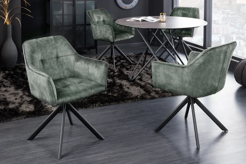 Lot de 2x chaises design LOFT en velours vert pivotante structure métal noir avec accoudoirs