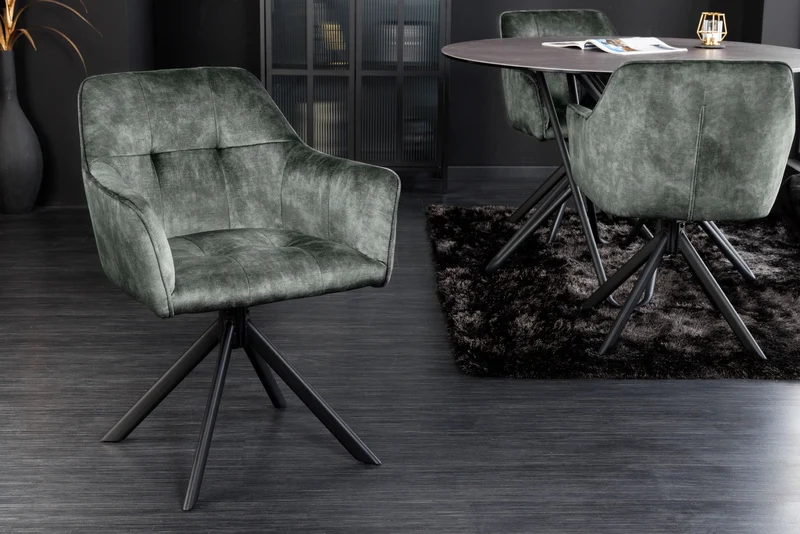 Lot de 2x chaises design LOFT en velours vert pivotante structure métal noir avec accoudoirs
