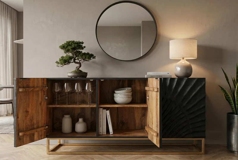 Buffet massif SCORPION 140cm en bois de manguier noir avec sculptures 3D élaborées