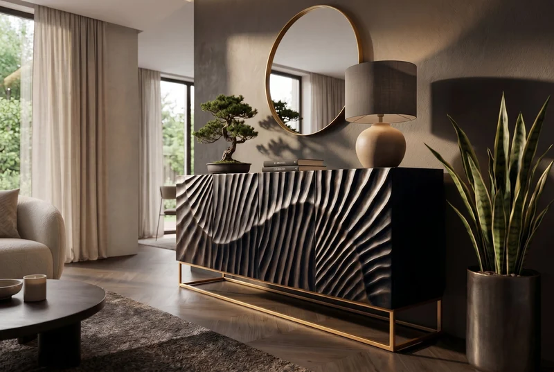 Buffet massif SCORPION 180cm en bois de manguier noir avec sculptures 3D élaborées