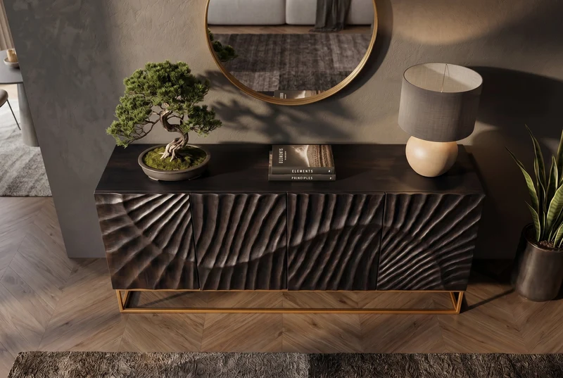 Buffet massif SCORPION 180cm en bois de manguier noir avec sculptures 3D élaborées