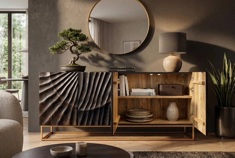 Buffet massif SCORPION 180cm en bois de manguier noir avec sculptures 3D élaborées