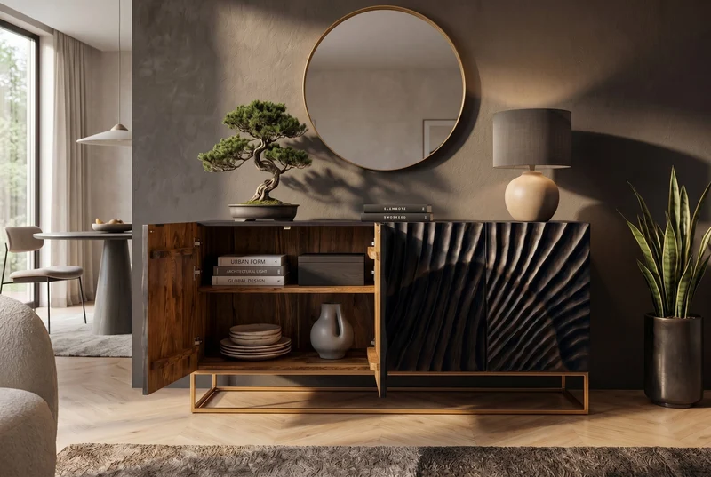 Buffet massif SCORPION 180cm en bois de manguier noir avec sculptures 3D élaborées