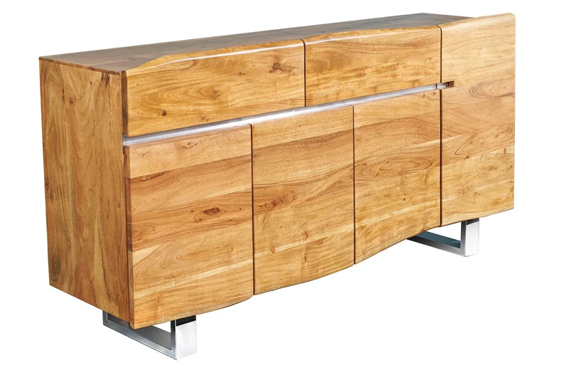 Buffet en bois massif MAMMUT 170cm bord en acacia avec tiroirs piètement luge inox