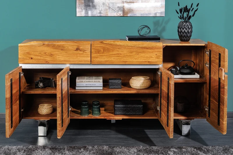 Buffet en bois massif MAMMUT 170cm bord en acacia avec tiroirs piètement luge inox