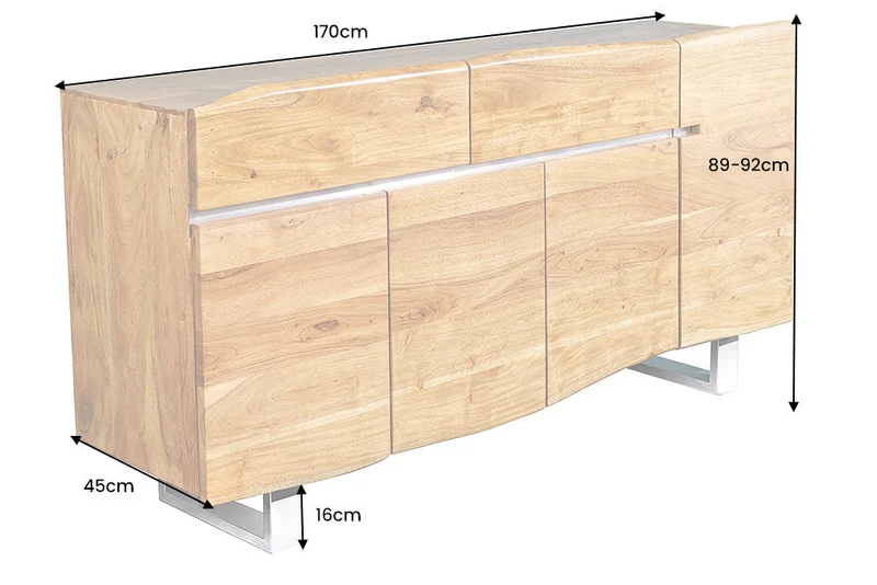 Buffet en bois massif MAMMUT 170cm bord en acacia avec tiroirs piètement luge inox