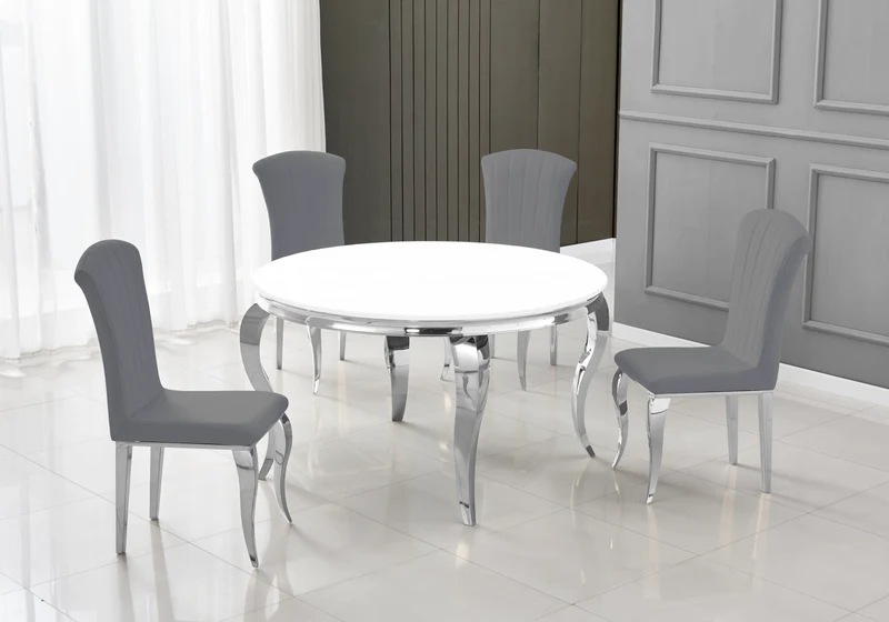 Table ronde verre blanc et 4 chaises argent – Neo