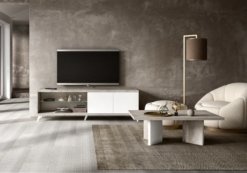 Meuble TV 200 cm et table basse blanc béton – Treviso