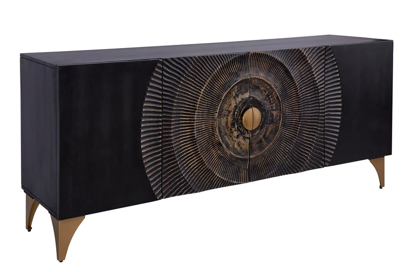 Buffet artisanal GOLDEN SUNSET 180cm noir avec sculptures 3D pieds en métal bois de manguier doré