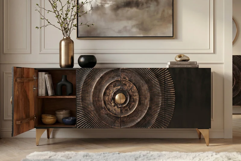 Buffet artisanal GOLDEN SUNSET 180cm noir avec sculptures 3D pieds en métal bois de manguier doré