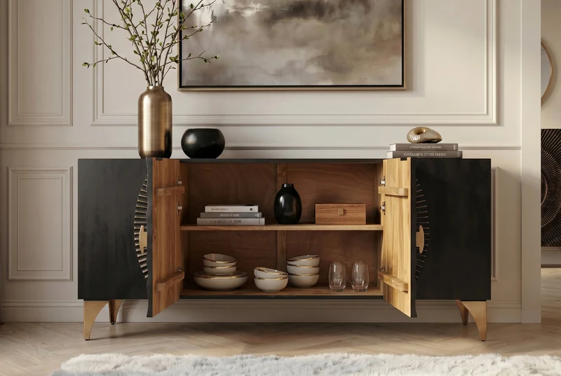 Buffet artisanal GOLDEN SUNSET 180cm noir avec sculptures 3D pieds en métal bois de manguier doré