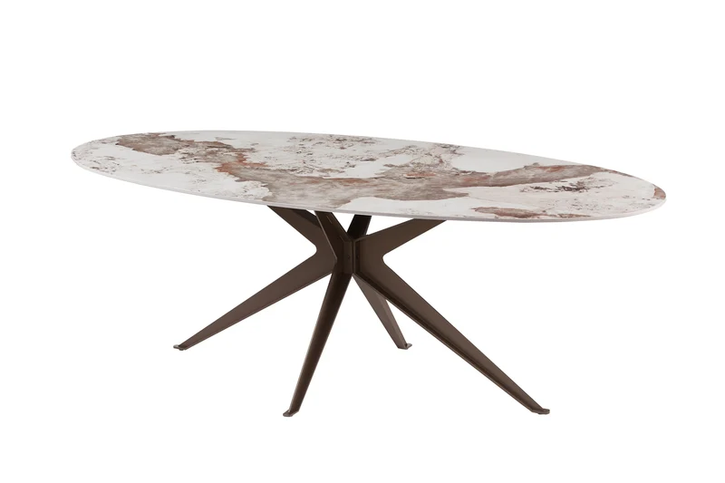 Table à manger ovale SCULPTURE 220cm marron blanc Pandora céramique cadre étoile bronze