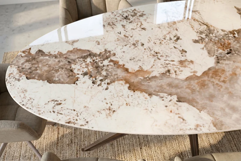 Table à manger ovale SCULPTURE 220cm marron blanc Pandora céramique cadre étoile bronze