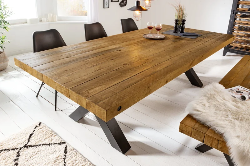Table à manger en bois massif THOR 200cm pin marron vintage design industriel recyclé fer X-frame