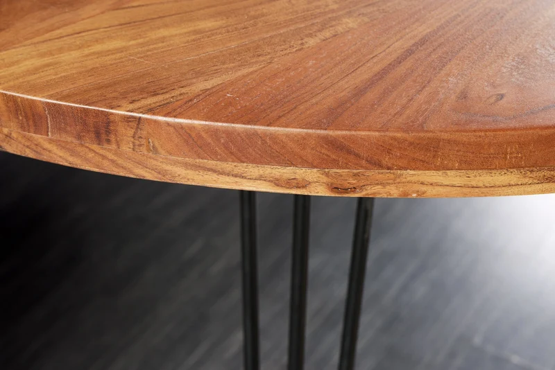 Table à manger ronde SCORPION 120cm en bois massif d’acacia naturel pieds en épingle design rétro