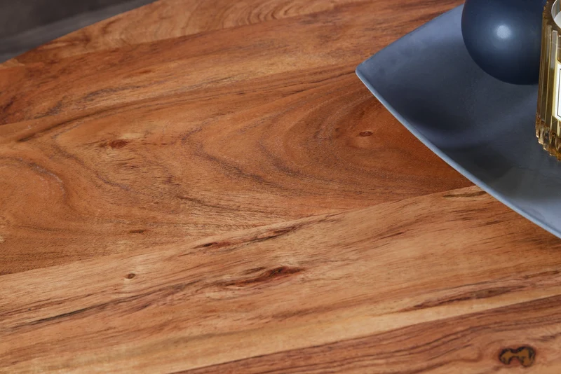 Table à manger ronde SCORPION 120cm en bois massif d’acacia naturel pieds en épingle design rétro
