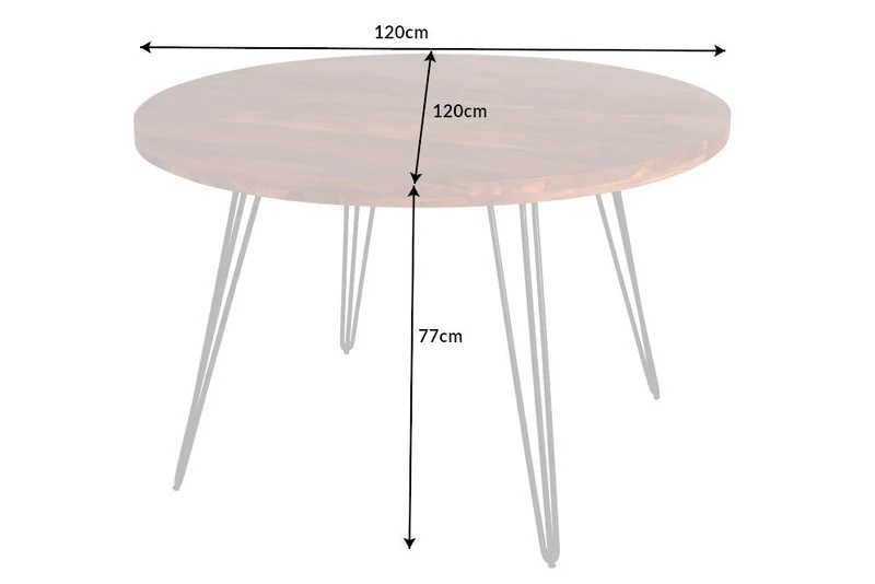 Table à manger ronde SCORPION 120cm en bois massif d’acacia naturel pieds en épingle design rétro