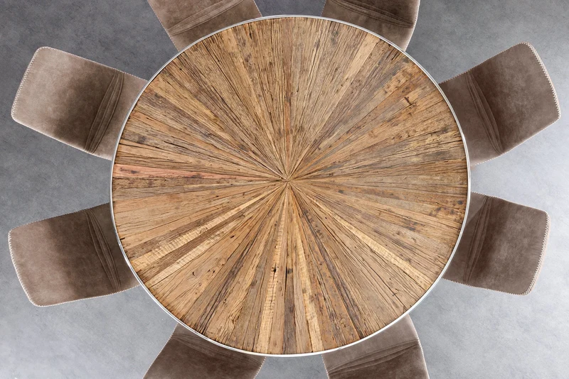 Table à manger ronde BARRACUDA 120cm teck marron bois massif plateau verre acier inoxydable argenté chromé