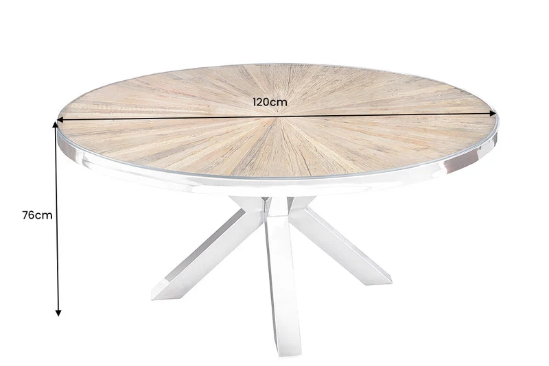 Table à manger ronde BARRACUDA 120cm teck marron bois massif plateau verre acier inoxydable argenté chromé