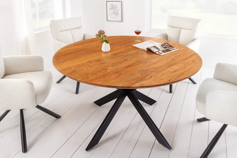 Table à manger ronde en bois massif GALAXIE 130cm acacia naturel structure métal noir