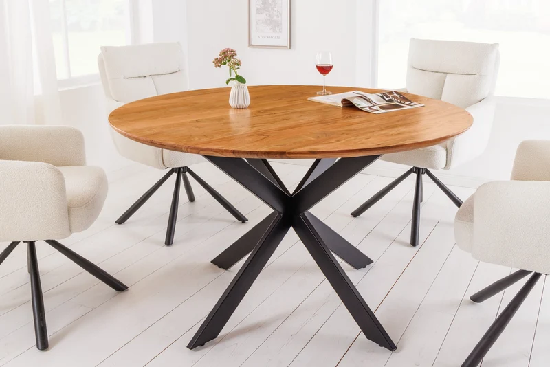 Table à manger ronde en bois massif GALAXIE 130cm acacia naturel structure métal noir