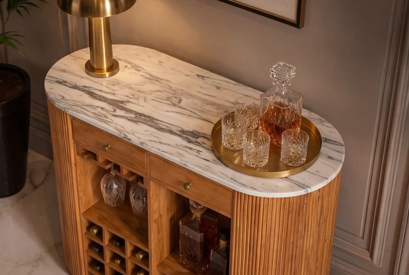 Table de bar solide TRES CHIC 120cm bois de manguier marron marbre blanc avec étagère à bouteilles