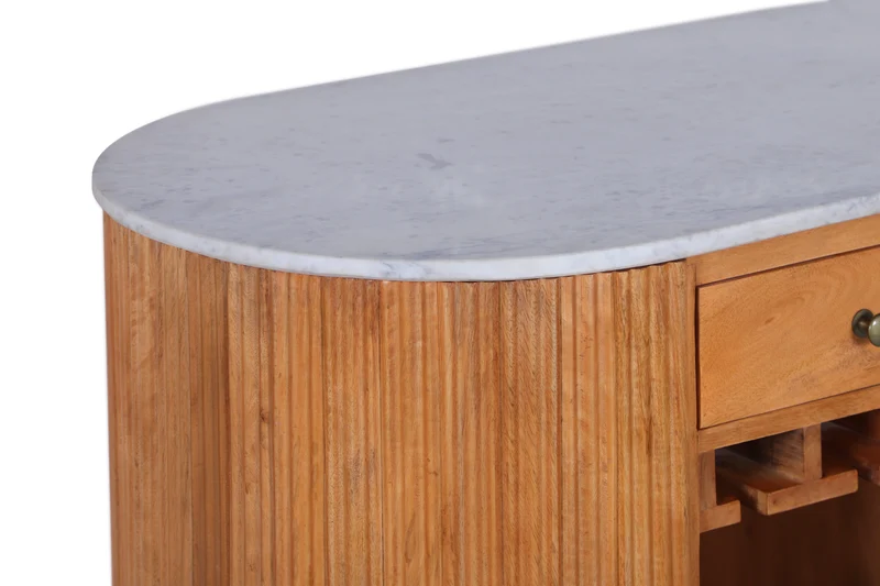 Table de bar solide TRES CHIC 120cm bois de manguier marron marbre blanc avec étagère à bouteilles